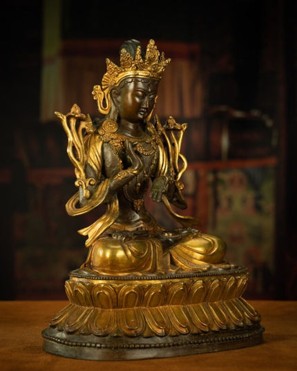 18th Century Tibetan Antique Statue Manjushri Giving Teachings Tibetan Gilt