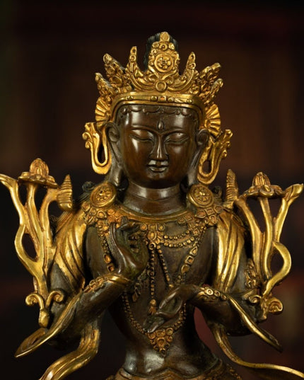 18th Century Tibetan Antique Statue Manjushri Giving Teachings Tibetan Gilt