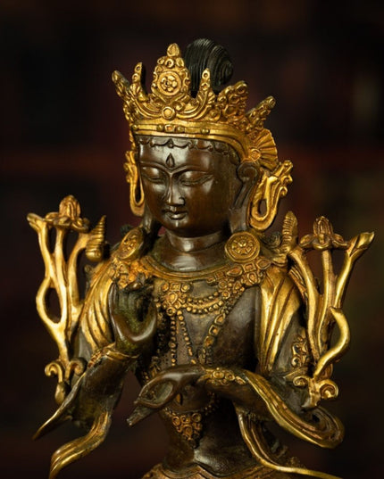 18th Century Tibetan Antique Statue Manjushri Giving Teachings Tibetan Gilt