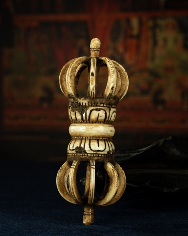 Qing Dynasty Tibetan Antique Bone Carved Nine-Pronged Vajra Ritual Object Mindrolling Monastery