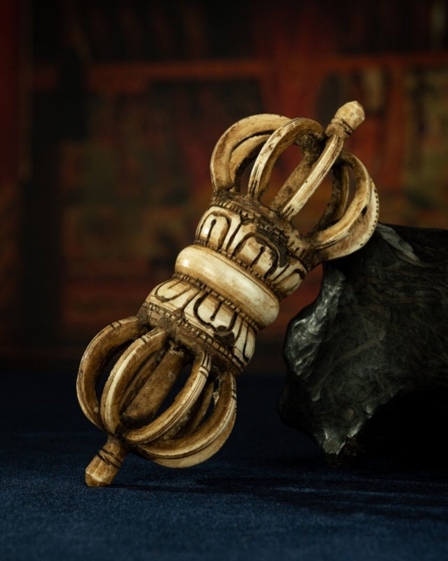 Qing Dynasty Tibetan Antique Bone Carved Nine-Pronged Vajra Ritual Object Mindrolling Monastery