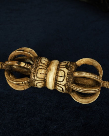 Qing Dynasty Tibetan Antique Bone Carved Nine-Pronged Vajra Ritual Object Mindrolling Monastery