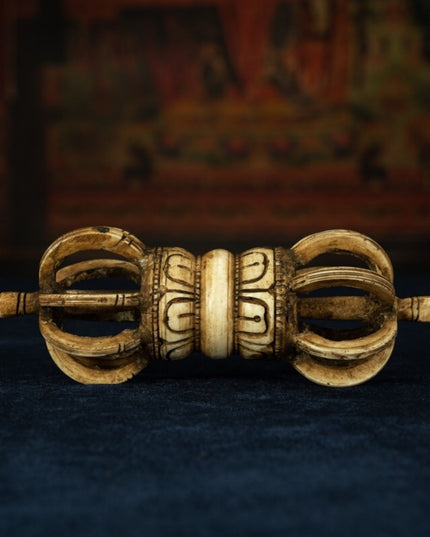 Qing Dynasty Tibetan Antique Bone Carved Nine-Pronged Vajra Ritual Object Mindrolling Monastery