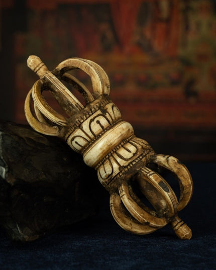 Qing Dynasty Tibetan Antique Bone Carved Nine-Pronged Vajra Ritual Object Mindrolling Monastery