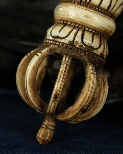 Qing Dynasty Tibetan Antique Bone Carved Nine-Pronged Vajra Ritual Object Mindrolling Monastery