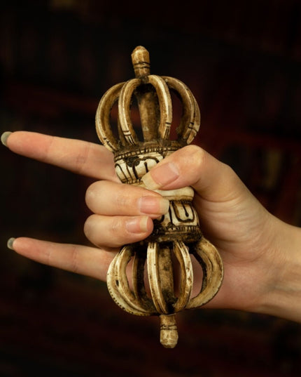 Qing Dynasty Tibetan Antique Bone Carved Nine-Pronged Vajra Ritual Object Mindrolling Monastery