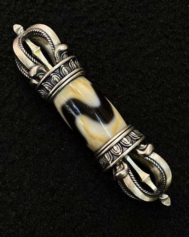 Vajra Protector Pendant – Dzi Beads with Sterling Silver Tiger Tooth Design