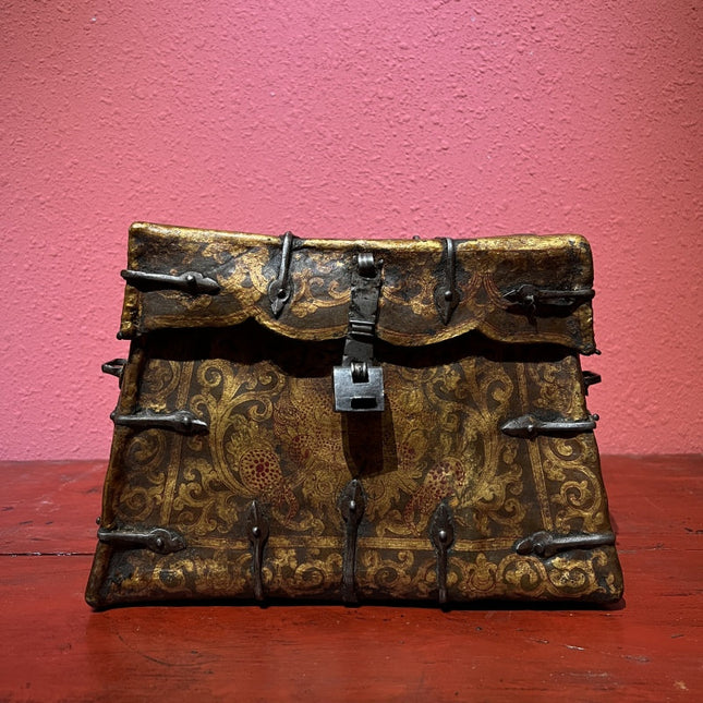 17th Century Painted Kirtimukha Tibetan Antique Storage Box Furniture from Central Tibet