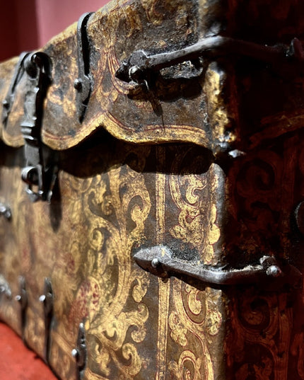 17th Century Painted Kirtimukha Tibetan Antique Storage Box Furniture from Central Tibet