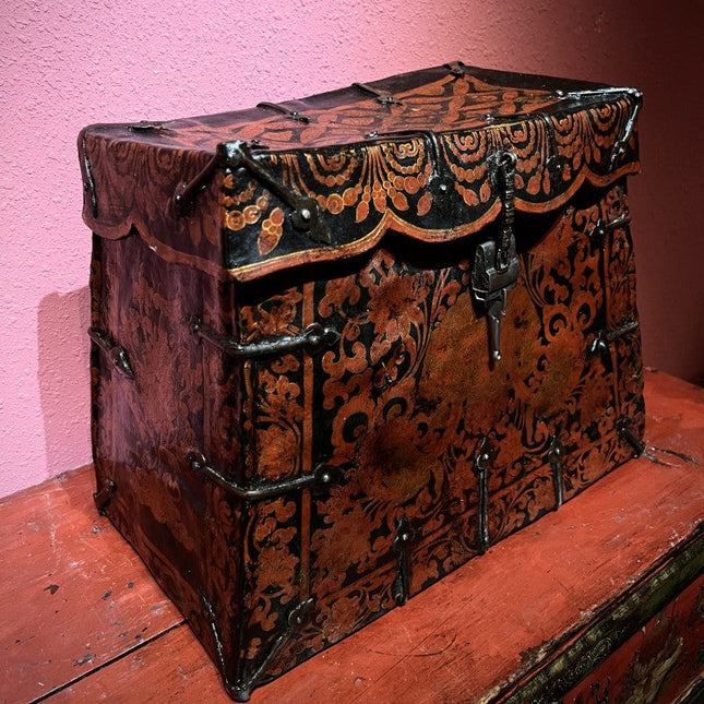 17th Century Painted Kirtimukha Tibetan Antique Storage Box Furniture from Central Tibet