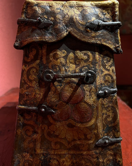 17th Century Painted Kirtimukha Tibetan Antique Storage Box Furniture from Central Tibet