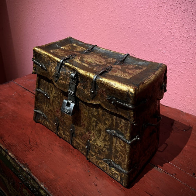 17th Century Painted Kirtimukha Tibetan Antique Storage Box Furniture from Central Tibet