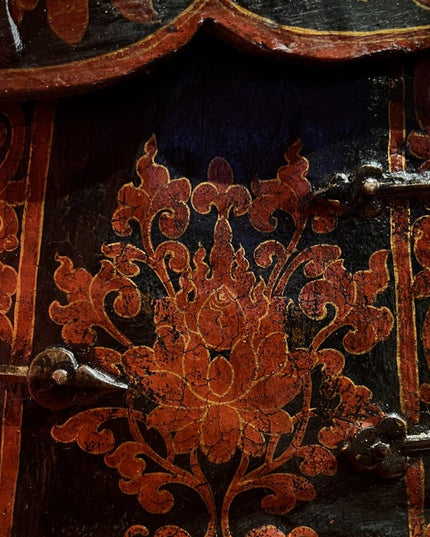 17th Century Painted Kirtimukha Tibetan Antique Storage Box Furniture from Central Tibet