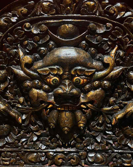 17th Century Painted Kirtimukha Tibetan Cabinet From East Tibet