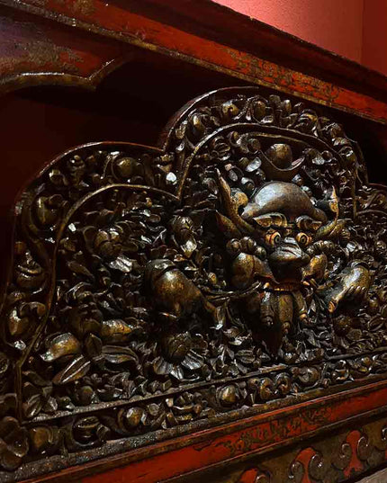 17th Century Painted Kirtimukha Tibetan Cabinet From East Tibet
