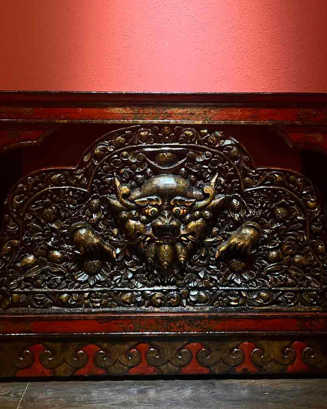 17th Century Painted Kirtimukha Tibetan Cabinet From East Tibet