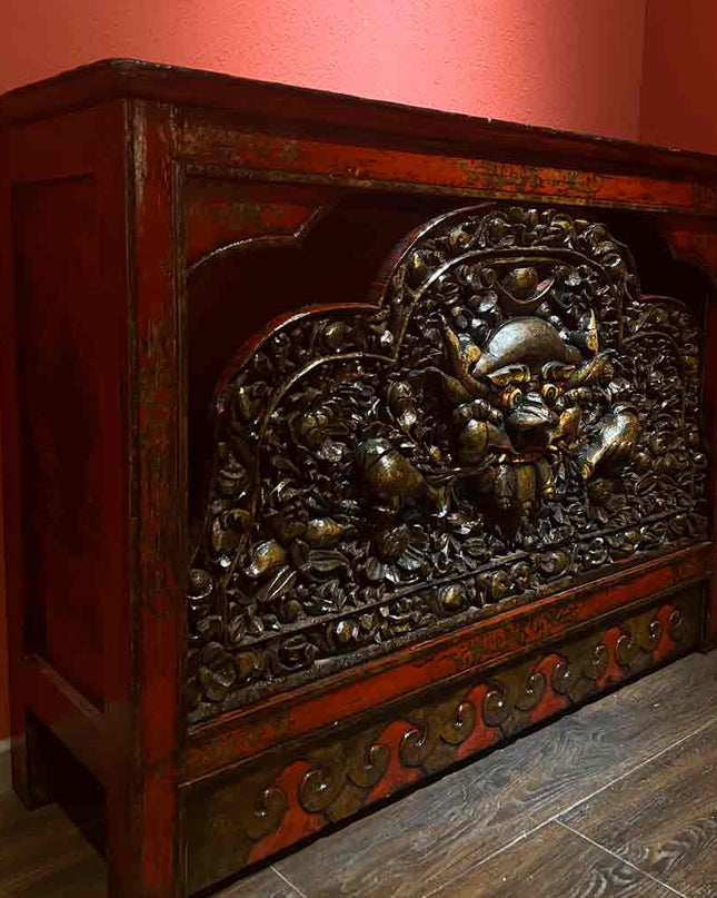 17th Century Painted Kirtimukha Tibetan Cabinet From East Tibet