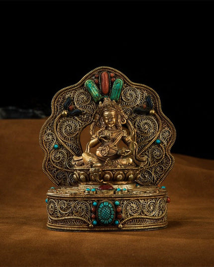 17th Century Yellow Jambhala Tibetan Antique Buddha Statue Lima Copper Filigree Inlaid Gems From Samye Monastery