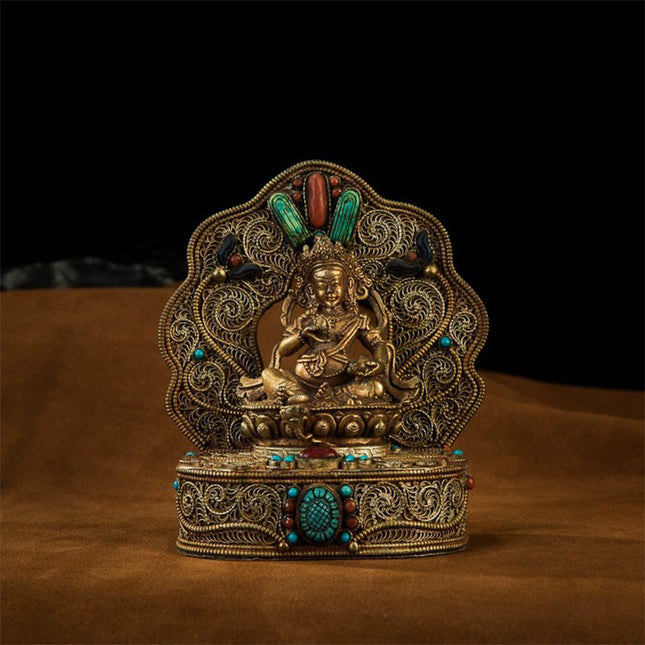 17th Century Yellow Jambhala Tibetan Antique Buddha Statue Lima Copper Filigree Inlaid Gems From Samye Monastery