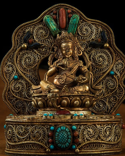 17th Century Yellow Jambhala Tibetan Antique Buddha Statue Lima Copper Filigree Inlaid Gems From Samye Monastery