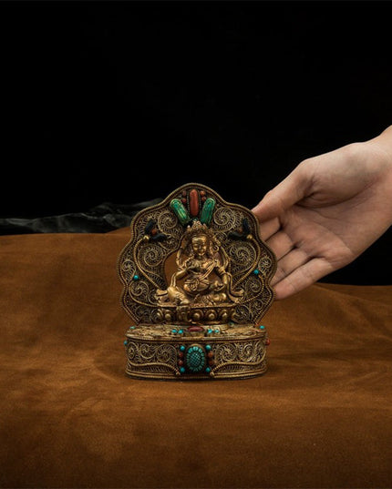 17th Century Yellow Jambhala Tibetan Antique Buddha Statue Lima Copper Filigree Inlaid Gems From Samye Monastery