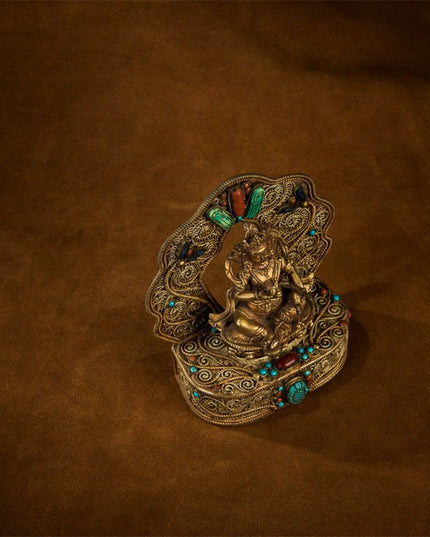 17th Century Yellow Jambhala Tibetan Antique Buddha Statue Lima Copper Filigree Inlaid Gems From Samye Monastery