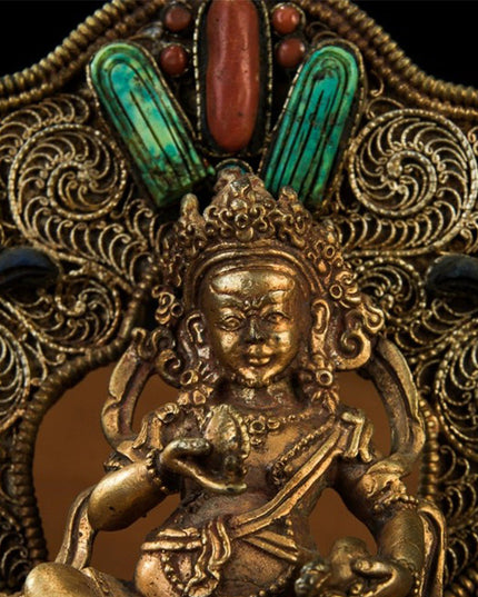 17th Century Yellow Jambhala Tibetan Antique Buddha Statue Lima Copper Filigree Inlaid Gems From Samye Monastery