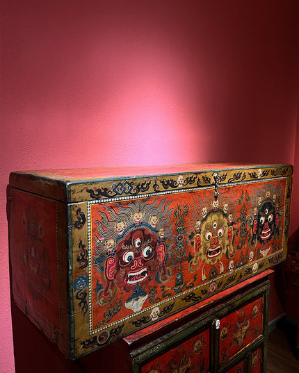 18th Century Colorful Three-Eyed Guardian Buddha Treasure Chest Tibetan Storage Box Furniture From Central Tibet