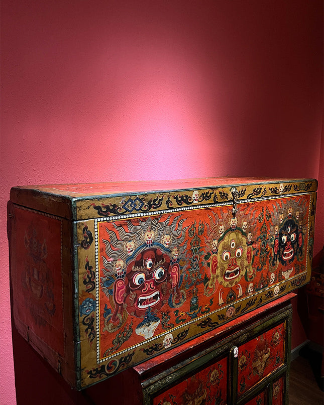 18th Century Colorful Three-Eyed Guardian Buddha Treasure Chest Tibetan Storage Box Furniture From Central Tibet