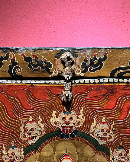 18th Century Colorful Three-Eyed Guardian Buddha Treasure Chest Tibetan Storage Box Furniture From Central Tibet