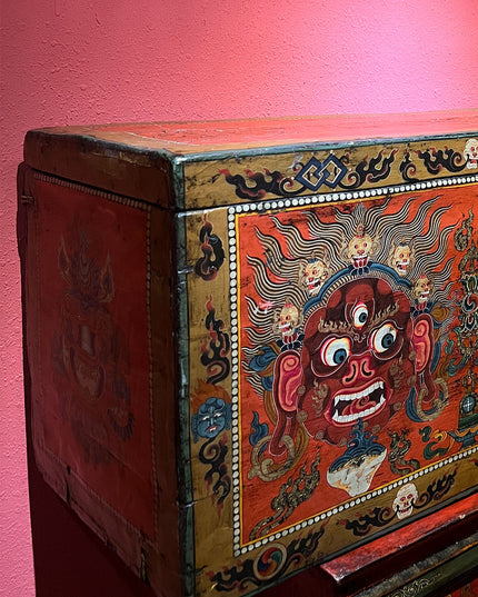 18th Century Colorful Three-Eyed Guardian Buddha Treasure Chest Tibetan Storage Box Furniture From Central Tibet