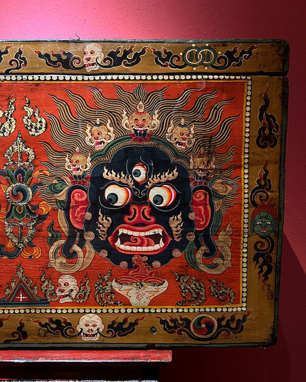 18th Century Colorful Three-Eyed Guardian Buddha Treasure Chest Tibetan Storage Box Furniture From Central Tibet
