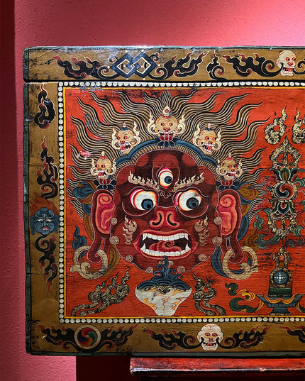 18th Century Colorful Three-Eyed Guardian Buddha Treasure Chest Tibetan Storage Box Furniture From Central Tibet