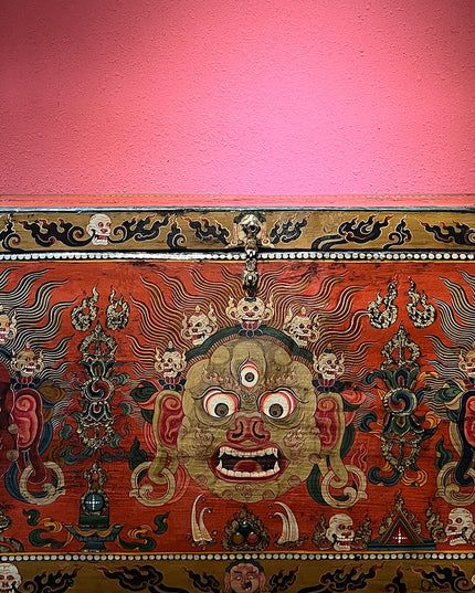 18th Century Colorful Three-Eyed Guardian Buddha Treasure Chest Tibetan Storage Box Furniture From Central Tibet