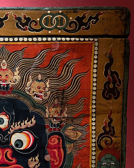 18th Century Colorful Three-Eyed Guardian Buddha Treasure Chest Tibetan Storage Box Furniture From Central Tibet