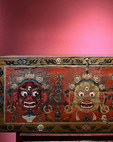 18th Century Colorful Three-Eyed Guardian Buddha Treasure Chest Tibetan Storage Box Furniture From Central Tibet