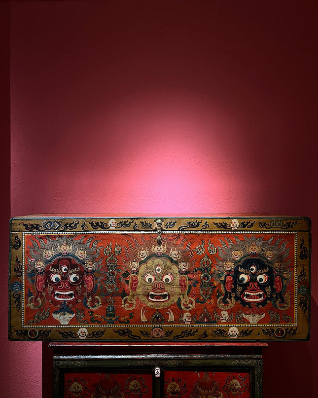 18th Century Colorful Three-Eyed Guardian Buddha Treasure Chest Tibetan Storage Box Furniture From Central Tibet