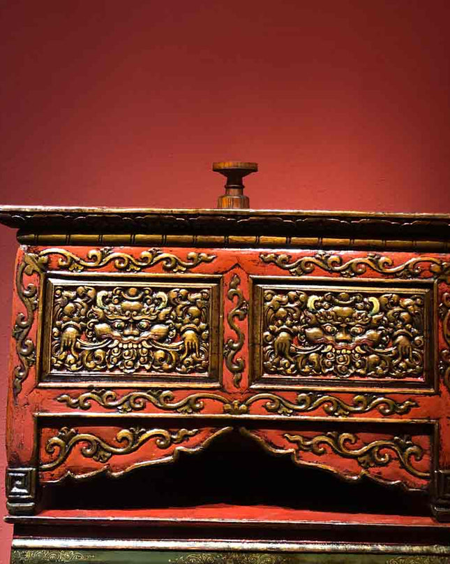 18th Century Kirtimukha Carvings Tibetan Dharma Table From East Tibet