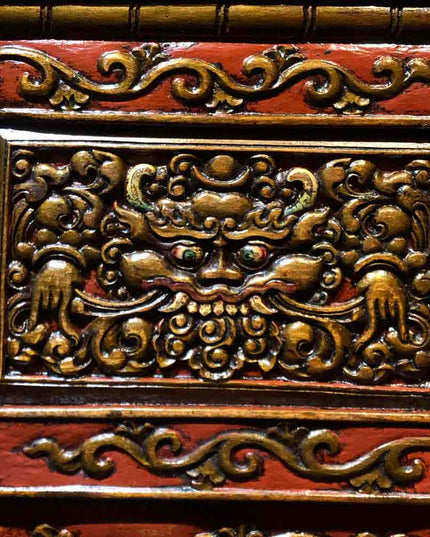 18th Century Kirtimukha Carvings Tibetan Dharma Table From East Tibet