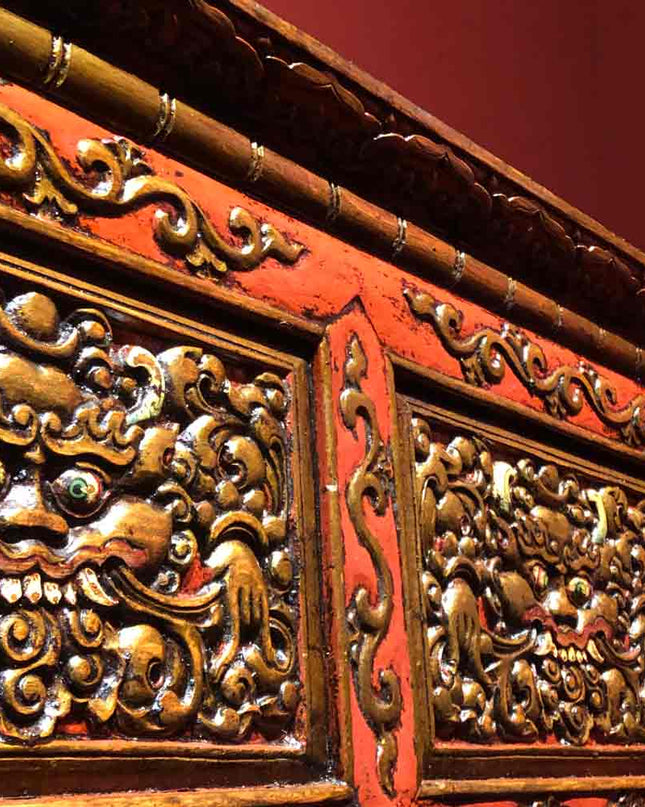 18th Century Kirtimukha Carvings Tibetan Dharma Table From East Tibet