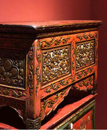 18th Century Kirtimukha Carvings Tibetan Dharma Table From East Tibet