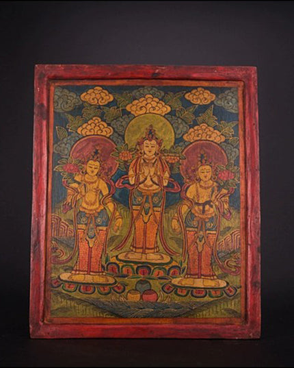 18th Century Three Taras Tibetan Antique Thangka Woodprint Purely Hand-painted