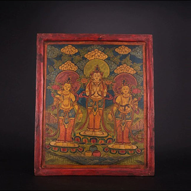 18th Century Three Taras Tibetan Antique Thangka Woodprint Purely Hand-painted