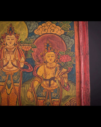 18th Century Three Taras Tibetan Antique Thangka Woodprint Purely Hand-painted
