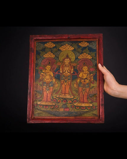 18th Century Three Taras Tibetan Antique Thangka Woodprint Purely Hand-painted