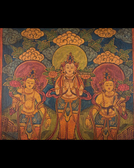 18th Century Three Taras Tibetan Antique Thangka Woodprint Purely Hand-painted