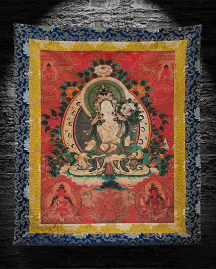 18th Century White Tara Tibetan Antique Thangka Hand-painted With Mineral Color Materials Menbris Sama Style