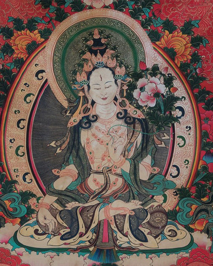 18th Century White Tara Tibetan Antique Thangka Hand-painted With Mineral Color Materials Menbris Sama Style