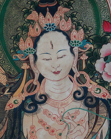 18th Century White Tara Tibetan Antique Thangka Hand-painted With Mineral Color Materials Menbris Sama Style