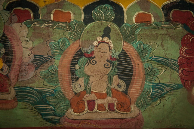 18th century Green Jambhala Thangka Cotton Fabric Mineral Pigments Superfine Masterpiece